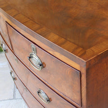 Load image into Gallery viewer, Attractive-early-19th-century-mahogany-bow-fronted-chest-of-drawers-bracket-feet-splayed at-foot-top-cross-banded-satinwood-stringing-two-short-two-long-drawers-cock-beading-drop-handles-drawers-lined-in-mahogany-fine-dovetailing-small-proportions-well-figured-veneer-particular-attractive-for-sale-damon-blandford-antiques-stroud-cotswolds-antique-storage
