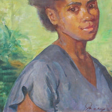 Load image into Gallery viewer, oil-on-canvas-portrait-fijian-lady-by-australian-artist-mary-edwards-signed-dated-bottom-right-portrait-in-three-quarter-view-young-fijian-woman-lady-wearing-blue-v-neck-top-short-sleeves-bright-green-background-foliage-facial-details-fabric-folds-to-sleeve-particularly-good-bright-colourful-skillfully-painted-portrait-educated-east-sydney-technical-college-exhibited-royal-art-society-finalist-archibald-prize-australian-watercolour-institute-mary-edwell-burke-lived-fiji-for-sale-art-damon-blandford-antiques