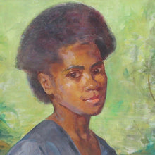 Load image into Gallery viewer, oil-on-canvas-portrait-fijian-lady-by-australian-artist-mary-edwards-signed-dated-bottom-right-portrait-in-three-quarter-view-young-fijian-woman-lady-wearing-blue-v-neck-top-short-sleeves-bright-green-background-foliage-facial-details-fabric-folds-to-sleeve-particularly-good-bright-colourful-skillfully-painted-portrait-educated-east-sydney-technical-college-exhibited-royal-art-society-finalist-archibald-prize-australian-watercolour-institute-mary-edwell-burke-lived-fiji-for-sale-art-damon-blandford-antiques