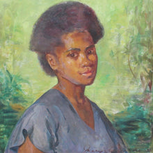 Load image into Gallery viewer, oil-on-canvas-portrait-fijian-lady-by-australian-artist-mary-edwards-signed-dated-bottom-right-portrait-in-three-quarter-view-young-fijian-woman-lady-wearing-blue-v-neck-top-short-sleeves-bright-green-background-foliage-facial-details-fabric-folds-to-sleeve-particularly-good-bright-colourful-skillfully-painted-portrait-educated-east-sydney-technical-college-exhibited-royal-art-society-finalist-archibald-prize-australian-watercolour-institute-mary-edwell-burke-lived-fiji-for-sale-art-damon-blandford-antiques