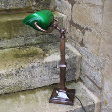 Load image into Gallery viewer, exceptional-high-quality-early-20th-century-bankers-desk-lamp-bronze-square-stepped-plinth-base-classical-column-shaped-support-adjustable-head-green-glass-shade-stunning-lamp-noticeably-heavier-condition-cleaned-re-wired-for-sale-damon-blandford-antiques-cotswolds