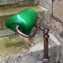 Load image into Gallery viewer, exceptional-high-quality-early-20th-century-bankers-desk-lamp-bronze-square-stepped-plinth-base-classical-column-shaped-support-adjustable-head-green-glass-shade-stunning-lamp-noticeably-heavier-condition-cleaned-re-wired-for-sale-damon-blandford-antiques-cotswolds