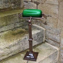 Load image into Gallery viewer, exceptional-high-quality-early-20th-century-bankers-desk-lamp-bronze-square-stepped-plinth-base-classical-column-shaped-support-adjustable-head-green-glass-shade-stunning-lamp-noticeably-heavier-condition-cleaned-re-wired-for-sale-damon-blandford-antiques-cotswolds