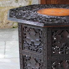 Load image into Gallery viewer, fine-late-19th-anglo-indian-octagonal-table-padauk-wood-decorative-brass-inlay-to-top-crisply-carved-fruit-and-foliage-highly-decorative-table-folding-flat-transportation-storage-highly-versatile-function-occasional-side-center-table-excellent-condition-circa-1890s-for-sale-damon-blandford-antiques-stow-on-the-wold-cotswolds