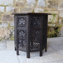 Load image into Gallery viewer, fine-late-19th-anglo-indian-octagonal-table-padauk-wood-decorative-brass-inlay-to-top-crisply-carved-fruit-and-foliage-highly-decorative-table-folding-flat-transportation-storage-highly-versatile-function-occasional-side-center-table-excellent-condition-circa-1890s-for-sale-damon-blandford-antiques-stow-on-the-wold-cotswolds
