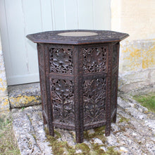 Load image into Gallery viewer, fine-late-19th-anglo-indian-octagonal-table-padauk-wood-decorative-brass-inlay-to-top-crisply-carved-fruit-and-foliage-highly-decorative-table-folding-flat-transportation-storage-highly-versatile-function-occasional-side-center-table-excellent-condition-circa-1890s-for-sale-damon-blandford-antiques-stow-on-the-wold-cotswolds