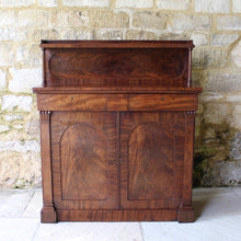 Load image into Gallery viewer, Attractive-victorian-mahogany-chiffonier-well-figured-flame-mahogany-veneers-upper-shelf-turned-mahogany-supports-form-of-classical-columns-frieze-drawers-cupboard-doors-oval-panels-storage-space-height-adjustable-shelves-plinth-base-elegant-highly-functional-design-clean-classical-lines-for-sale-damon-blandford-antiques-stow-on-the-wold-cotswolds-for-sale-damon-blandford-antiques-antique-storage-solutions