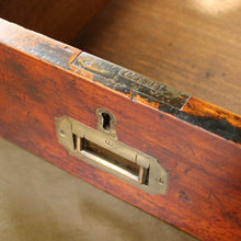 Load image into Gallery viewer, good-19th-century-anglo-chinese-campaign-desk-excellent-colour-hard-wood-teak-compact-heavier-green-leather-skiver-tooled-gilt-decoration-moulded-top-drawers-pedestals-cut-line-mould-fitted-brass-campaign-handles-paneled-back-raised-field-chinese-form-bun-feet-excellent-condition-patina-superb-incredibly-useful-compact-desk-for-sale-damon-blandford-antiques-stow-on-the-wold-cotswolds-home-office-working