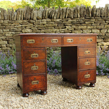 Load image into Gallery viewer, good-19th-century-anglo-chinese-campaign-desk-excellent-colour-hard-wood-teak-compact-heavier-green-leather-skiver-tooled-gilt-decoration-moulded-top-drawers-pedestals-cut-line-mould-fitted-brass-campaign-handles-paneled-back-raised-field-chinese-form-bun-feet-excellent-condition-patina-superb-incredibly-useful-compact-desk-for-sale-damon-blandford-antiques-stow-on-the-wold-cotswolds-home-office-working