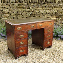 Load image into Gallery viewer, good-19th-century-anglo-chinese-campaign-desk-excellent-colour-hard-wood-teak-compact-heavier-green-leather-skiver-tooled-gilt-decoration-moulded-top-drawers-pedestals-cut-line-mould-fitted-brass-campaign-handles-paneled-back-raised-field-chinese-form-bun-feet-excellent-condition-patina-superb-incredibly-useful-compact-desk-for-sale-damon-blandford-antiques-stow-on-the-wold-cotswolds-home-office-working