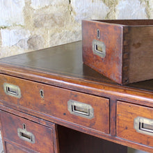 Load image into Gallery viewer, good-19th-century-anglo-chinese-campaign-desk-excellent-colour-hard-wood-teak-compact-heavier-green-leather-skiver-tooled-gilt-decoration-moulded-top-drawers-pedestals-cut-line-mould-fitted-brass-campaign-handles-paneled-back-raised-field-chinese-form-bun-feet-excellent-condition-patina-superb-incredibly-useful-compact-desk-for-sale-damon-blandford-antiques-stow-on-the-wold-cotswolds-home-office-working