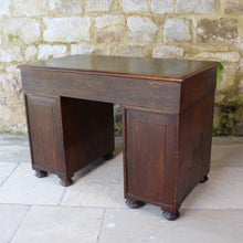 Load image into Gallery viewer, good-19th-century-anglo-chinese-campaign-desk-excellent-colour-hard-wood-teak-compact-heavier-green-leather-skiver-tooled-gilt-decoration-moulded-top-drawers-pedestals-cut-line-mould-fitted-brass-campaign-handles-paneled-back-raised-field-chinese-form-bun-feet-excellent-condition-patina-superb-incredibly-useful-compact-desk-for-sale-damon-blandford-antiques-stow-on-the-wold-cotswolds-home-office-working