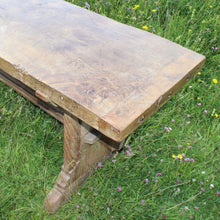 Load image into Gallery viewer, exceptionally-good-18th-century-french-refectory-table-oak-well-figured-single-plank-top-breadboard-ends-blacksmith-forged-iron-nails-trestle-style-supports-particularly-attractive-hand-carved-spiral-details-supports-united-by-deep-reeded-stretcher-wonderful-dinning-preparation-console-table-contemporary-or-period-setting-for-sale-damon-blandford-antiques-cotswolds