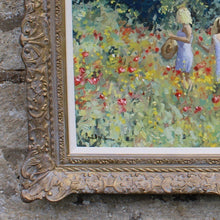 Load image into Gallery viewer, stunning-impressionist-style-painting-three-girls-in-poppy-field-artist-paul-brown-signed-bottom-left-exhibits-london-chelsea-mayfair-significant-following-exceptionally-good-light-colour-evokes-warmth-happiness-large-excellent-condition-framed-quality-ornate-gilt-for-sale-damon-blandford-antiques-art-stow-on-the-wold-stroud-cotswolds-interior-decoration