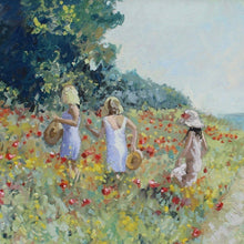 Load image into Gallery viewer, stunning-impressionist-style-painting-three-girls-in-poppy-field-artist-paul-brown-signed-bottom-left-exhibits-london-chelsea-mayfair-significant-following-exceptionally-good-light-colour-evokes-warmth-happiness-large-excellent-condition-framed-quality-ornate-gilt-for-sale-damon-blandford-antiques-art-stow-on-the-wold-stroud-cotswolds-interior-decoration
