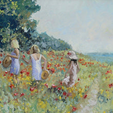 Load image into Gallery viewer, stunning-impressionist-style-painting-three-girls-in-poppy-field-artist-paul-brown-signed-bottom-left-exhibits-london-chelsea-mayfair-significant-following-exceptionally-good-light-colour-evokes-warmth-happiness-large-excellent-condition-framed-quality-ornate-gilt-for-sale-damon-blandford-antiques-art-stow-on-the-wold-stroud-cotswolds-interior-decoration