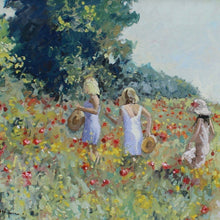Load image into Gallery viewer, stunning-impressionist-style-painting-three-girls-in-poppy-field-artist-paul-brown-signed-bottom-left-exhibits-london-chelsea-mayfair-significant-following-exceptionally-good-light-colour-evokes-warmth-happiness-large-excellent-condition-framed-quality-ornate-gilt-for-sale-damon-blandford-antiques-art-stow-on-the-wold-stroud-cotswolds-interior-decoration