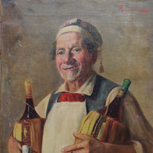Load image into Gallery viewer, wonderful-19th-century-oil-on-canvas-painting-florentine-artist-rodolfo-agresti-signed-hotelier-traditional-straw-covered-bottles-wine-oil-lamp-keys-facial-features-characterful-particularly-well-painted-rugged-appearance-lack teeth-softness-brightness-eyes-evoking-feelings-warmth-wall-art-for-sale-damon-blandford-antiques-stroud-cotswolds