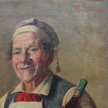 Load image into Gallery viewer, wonderful-19th-century-oil-on-canvas-painting-florentine-artist-rodolfo-agresti-signed-hotelier-traditional-straw-covered-bottles-wine-oil-lamp-keys-facial-features-characterful-particularly-well-painted-rugged-appearance-lack teeth-softness-brightness-eyes-evoking-feelings-warmth-wall-art-for-sale-damon-blandford-antiques-stroud-cotswolds