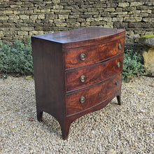 Load image into Gallery viewer, Excellent-example-late-18th-early-19th-century-mahogany-bow-fronted-chest-three-graduated-drawers-wonderful-colour-patination-loved-generation-family-central-london-chelsea-kings-road-fulham-alton-hampshire-war-bonnett-elegant-excellent-condition-for-sale-damon-blandford-antiques-stow-on-the-wold-cotswolds-antique-storage-furniture