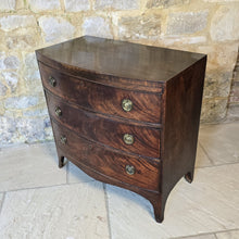 Load image into Gallery viewer, Excellent-example-late-18th-early-19th-century-mahogany-bow-fronted-chest-three-graduated-drawers-wonderful-colour-patination-loved-generation-family-central-london-chelsea-kings-road-fulham-alton-hampshire-war-bonnett-elegant-excellent-condition-for-sale-damon-blandford-antiques-stow-on-the-wold-cotswolds-antique-storage-furniture