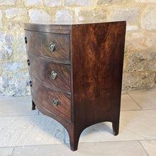 Load image into Gallery viewer, Excellent-example-late-18th-early-19th-century-mahogany-bow-fronted-chest-three-graduated-drawers-wonderful-colour-patination-loved-generation-family-central-london-chelsea-kings-road-fulham-alton-hampshire-war-bonnett-elegant-excellent-condition-for-sale-damon-blandford-antiques-stow-on-the-wold-cotswolds-antique-storage-furniture
