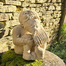 Load image into Gallery viewer, Wonderfully-detailed-carved-limestone-musician-gnome-large-scale-detailed-carving-bearded-gnome-seated-position-head-back-full-song-singing-playing-squeeze-box-concertina-inside-outside-mythical-protector-natural-environment-garden-folklore dating back-english-circa-1900-ornament-for-sale-damon-blandford-antiques-stow-on-the-wold-cotswolds
