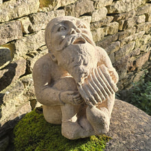 Load image into Gallery viewer, Wonderfully-detailed-carved-limestone-musician-gnome-large-scale-detailed-carving-bearded-gnome-seated-position-head-back-full-song-singing-playing-squeeze-box-concertina-inside-outside-mythical-protector-natural-environment-garden-folklore dating back-english-circa-1900-ornament-for-sale-damon-blandford-antiques-stow-on-the-wold-cotswolds