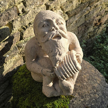 Load image into Gallery viewer, Wonderfully-detailed-carved-limestone-musician-gnome-large-scale-detailed-carving-bearded-gnome-seated-position-head-back-full-song-singing-playing-squeeze-box-concertina-inside-outside-mythical-protector-natural-environment-garden-folklore dating back-english-circa-1900-ornament-for-sale-damon-blandford-antiques-stow-on-the-wold-cotswolds