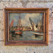 Load image into Gallery viewer, good-late-19th-century-french-impressionist-oil-painting-on-canvas-from-private-london-collection-natural-timed-frame-costal-landscape-sail-boats-foreground-horizontal-land-mass-vertical-masts-sail-boats-depth-colourful-painting-good-use-of-light-unsigned-skilled-hand-for-sale-damon-blandford-antiques-cotswolds