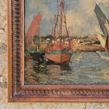 Load image into Gallery viewer, good-late-19th-century-french-impressionist-oil-painting-on-canvas-from-private-london-collection-natural-timed-frame-costal-landscape-sail-boats-foreground-horizontal-land-mass-vertical-masts-sail-boats-depth-colourful-painting-good-use-of-light-unsigned-skilled-hand-for-sale-damon-blandford-antiques-cotswolds