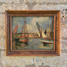 Load image into Gallery viewer, good-late-19th-century-french-impressionist-oil-painting-on-canvas-from-private-london-collection-natural-timed-frame-costal-landscape-sail-boats-foreground-horizontal-land-mass-vertical-masts-sail-boats-depth-colourful-painting-good-use-of-light-unsigned-skilled-hand-for-sale-damon-blandford-antiques-cotswolds