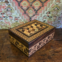 Load image into Gallery viewer, Fine-tunbridge-ware-box-leading-maker-edmund-nye-excellent-original-condition-superb-example-geometric-tumbling-cube-pattern-design-lid-repeating-floral-sprays-patterned-lining-paper-makers-label-underside-great-exhibition-1851-for-sale-damon-blandford-antiques-stow-on-the-wold-cotswolds-inlaid-mico-mosaic
