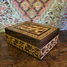 Load image into Gallery viewer, Fine-tunbridge-ware-box-leading-maker-edmund-nye-excellent-original-condition-superb-example-geometric-tumbling-cube-pattern-design-lid-repeating-floral-sprays-patterned-lining-paper-makers-label-underside-great-exhibition-1851-for-sale-damon-blandford-antiques-stow-on-the-wold-cotswolds-inlaid-mico-mosaic