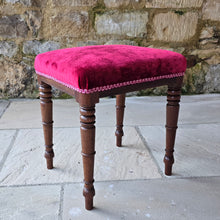 Load image into Gallery viewer, good-quality-early-19th-century-william-IV-mahogany-stool-nicely-turned-legs-re-upholstered-traditional-manner-new-webbing-original-seat-pad-horse-hair-filling-high-quality-velvet-excellet-fully-restored-condition-english-circa-1830s-for-sale-damon-blandford-antiques-stow-on-the-wold-stroud-cotswolds-antique-seating