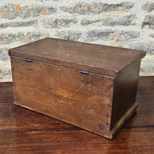 Load image into Gallery viewer, Wonderful-simulated-oak-table-top-chest-excellent-condition-original-faux-bois-scumble-simulating-oak-over-pine-historic-address-underside-lid-significant-interest-attractive-little-storage-chest-excellent-condition-for-sale-damon-blandford-antiques-cotswolds