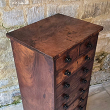 Load image into Gallery viewer, good-provincial-walnut-veneer-chest-two-short-eight-long-graduated-drawers-original-turned-wooden-drawer-pulls-brass-locks-escutcheons-plinth-base-excellent-colour-wonderful-patina-English-circa-1800-storage-for-sale-damon-blandford-antiques-stow-on-the-wold-cotswolds-antique-furniture