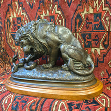 Load image into Gallery viewer, Fine-late-19th-century-patinated-bronze-lion-serpent-after-antoine-louis-barye-1796-1875-original-plaster-model-1832-museum-of-fine-arts-of-lyon-original-bronze-cast-1835-louvre-museum-paris-lion-confronting-crushing-serpent-metaphor-king-louis-philippe's-power-order-excellent-condition-for-sale-damon-blandford-antiques-cotswolds-stow-on-the-wold