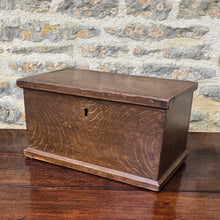 Load image into Gallery viewer, Wonderful-simulated-oak-table-top-chest-excellent-condition-original-faux-bois-scumble-simulating-oak-over-pine-historic-address-underside-lid-significant-interest-attractive-little-storage-chest-excellent-condition-for-sale-damon-blandford-antiques-cotswolds