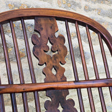 Load image into Gallery viewer, stunning-best-low-yew-wood-windsor-arm-chair-by-allsop-worksop-nottinghamshire-well-figured-burr-yew-christmas-tree-splat-under-cut-arm-bow-well-turned-legs-united-by-crinoline-stretcher-excellent-colour-very-comfortable-rare-four-spindles-for-sale-damon-blandford-antiques-cotswolds-antique-furniture