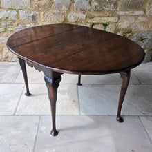 Load image into Gallery viewer, good-early-georgian-drop-leaf-table-excellent-colour-oval-top-decorative-shaped-freeze-cabriole-legs-pad-feet-compact-size-dinning-table-four-people-versatile-design-sofa-side-table-excellent-condition-for-sale-damon-blandford-antiques-cotswolds