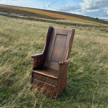 Load image into Gallery viewer, good-example-vernacular-lambing-chair-painted-pine-boarded-paneled-back-shaped-crest-rail-side-wings-generous-shaped-arm-supports-boarded-seat-drawer-under-seat-storage-shepherds-lambing-raked-back-rests-comfortable-side-wings-lancashire-circa-1800-late-C18th-earlyC19th-century-for-sale-damon-blandford-antiques-stow-on-the-wold-cotswolds