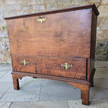 Load image into Gallery viewer, from-the-mrs-henry-ford-II-collection-chest-rare-american-late-18th-century-chippendale- maple-new-england-fiddle-back-maple-eaton-square-london-turville-grange-buckinghamshire-rectangular-top-moulded-edges-lift-up-lid-large-storage-area-full-width-drawer-raised-on-tall scrolling-bracket-feet-period-style-original-brass-handles-lock-escutcheon-excellent-condition-full-sensitive-restoration-excellent-quality-piece-would-sit-well-within-period-contemporary-setting-elegant-clean-lines-fabulous-colour-very-well