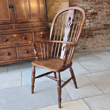 Load image into Gallery viewer, Well-proportioned-windsor-armchair-constructed-in-ash-elm-seat-fruitwood-splat-hoop-stick-back-central-shaped-splat-pierced-decoration-arm-bow-baluster-shape-supports-saddled-seat-turned-legs-H-shape-stretcher-very-comfortable-excellent-solid-condition-Lincolnshire-circa-1860-90-for-sale-damon-blandford-antiques-stow-on-the-wold-anttique-seating