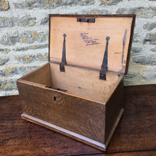 Load image into Gallery viewer, Wonderful-simulated-oak-table-top-chest-excellent-condition-original-faux-bois-scumble-simulating-oak-over-pine-historic-address-underside-lid-significant-interest-attractive-little-storage-chest-excellent-condition-for-sale-damon-blandford-antiques-cotswolds
