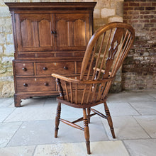 Load image into Gallery viewer, Well-proportioned-windsor-armchair-constructed-in-ash-elm-seat-fruitwood-splat-hoop-stick-back-central-shaped-splat-pierced-decoration-arm-bow-baluster-shape-supports-saddled-seat-turned-legs-H-shape-stretcher-very-comfortable-excellent-solid-condition-Lincolnshire-circa-1860-90-for-sale-damon-blandford-antiques-stow-on-the-wold-anttique-seating