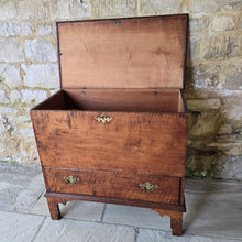 Load image into Gallery viewer, from-the-mrs-henry-ford-II-collection-chest-rare-american-late-18th-century-chippendale- maple-new-england-fiddle-back-maple-eaton-square-london-turville-grange-buckinghamshire-rectangular-top-moulded-edges-lift-up-lid-large-storage-area-full-width-drawer-raised-on-tall scrolling-bracket-feet-period-style-original-brass-handles-lock-escutcheon-excellent-condition-full-sensitive-restoration-excellent-quality-piece-would-sit-well-within-period-contemporary-setting-elegant-clean-lines-fabulous-colour-very-well