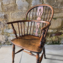 Load image into Gallery viewer, five-well-matched-windsor-armchairs-ash-splat-hoop-stick-back-central-shaped-splat-pierced-decoration-arm-bow-turned-supports-saddled-seat-turned-legs-H-shape-stretcher-very-comfortable-excellent-solid-condition-function-well-as-informal-dining-chairs-for-sale-damon-blandford-antiques-stow-on-the-wold-stroud-cotswolds-antique-seating