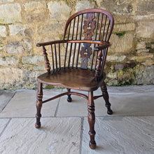Load image into Gallery viewer, stunning-best-low-yew-wood-windsor-arm-chair-by-allsop-worksop-nottinghamshire-well-figured-burr-yew-christmas-tree-splat-under-cut-arm-bow-well-turned-legs-united-by-crinoline-stretcher-excellent-colour-very-comfortable-rare-four-spindles-for-sale-damon-blandford-antiques-cotswolds-antique-furniture