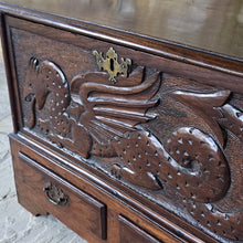 Load image into Gallery viewer, -coffer-bach-welsh-country-furniture-featuring-carved-dragon-highly-decorative-18th-century-welsh-oak-coffer-bach-lid-drawer-fronts-with-moulded-ovolo-edge-storage-space-oak-lined-drawers-overlapping-ovolo-moulding-brass-drop-handles-plinth-base-excellent-condition-for-sale-damon-blandford-antiques-stow-on-the-wold-cotswolds